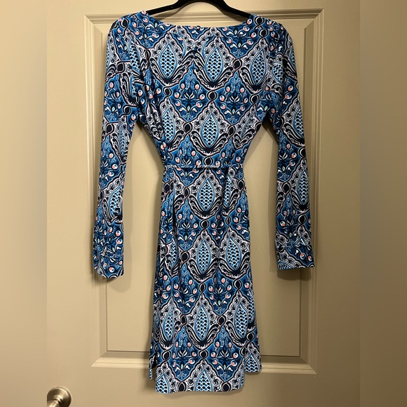 Loft Blue Pattern Belted Long-Sleeve Shirt Dress Size Small - Picture 6 of 8